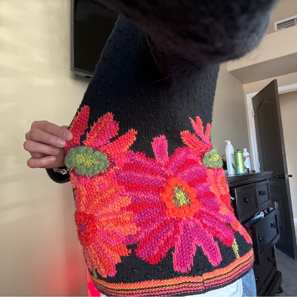 Eileen Fisher Black Cardigan with Pink Floral Design - Picture 7 of 7